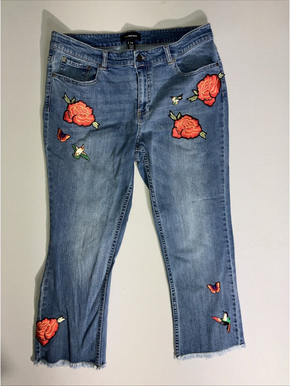 Who What Wear Women’s Size 14 Boho Raw Hem Cropped Hummingbirds Flower Butterfly